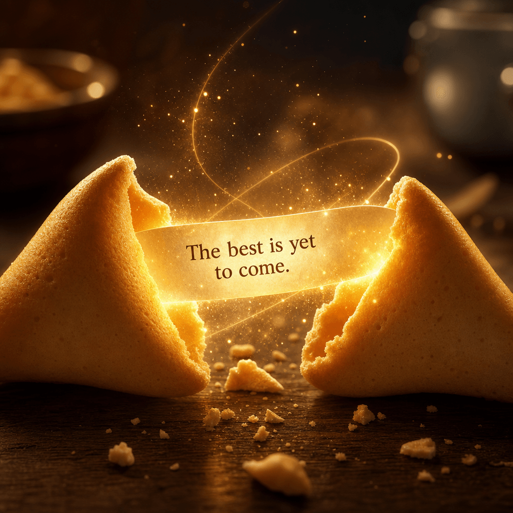 Fortune cookie reveal with glowing message, animated moment, professional quality output.