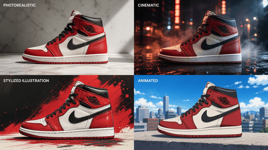 Grid of four different artistic interpretations of the same sneaker in different visual styles: photorealistic, cinemati