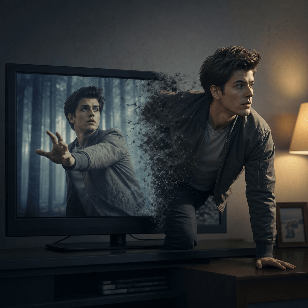 Twin figures frozen moment - one visible in screen, one emerging out - surreal visual effect, professional color grading