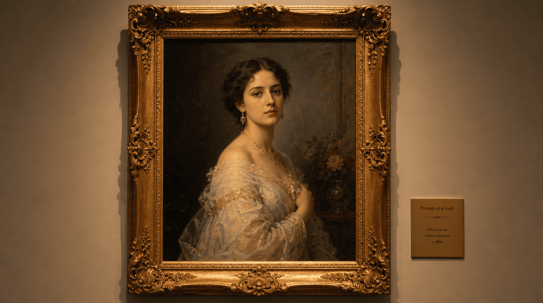 Finished classical portrait painting displayed in ornate elegant frame, gallery wall with warm ambient lighting, profess
