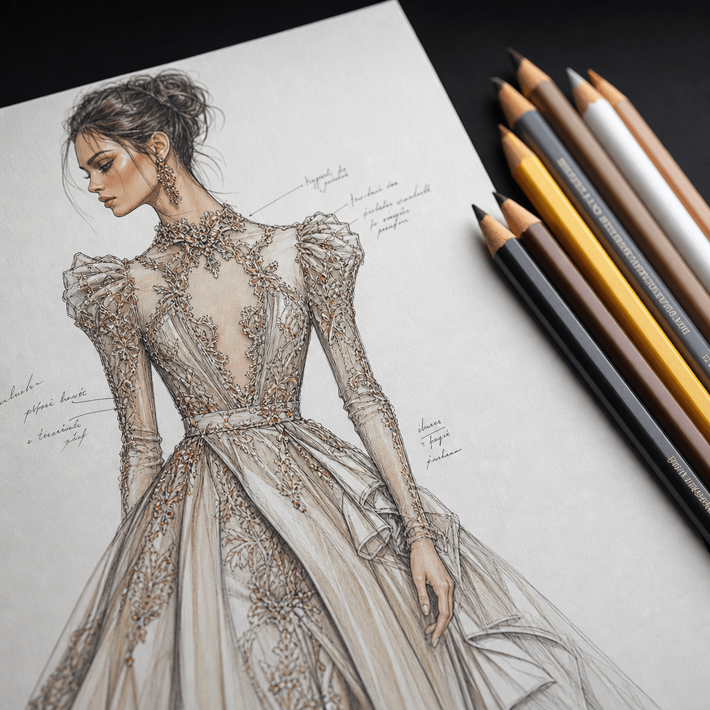 Close-up of a detailed fashion sketch with colored pencils beside it. Professional studio lighting, dark minimalist back