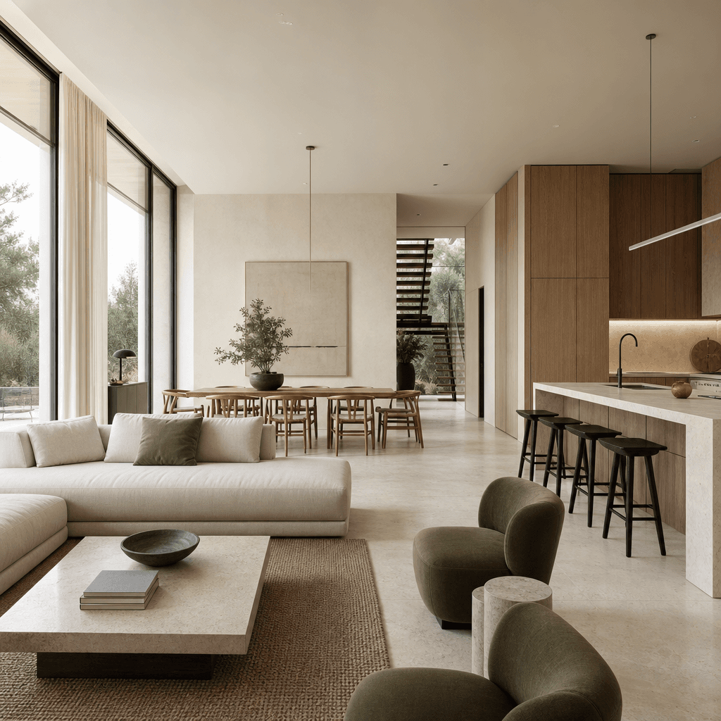 Architectural CGI render of a minimalist open-plan interior — pale limestone floors, full-height windows flooding the sp