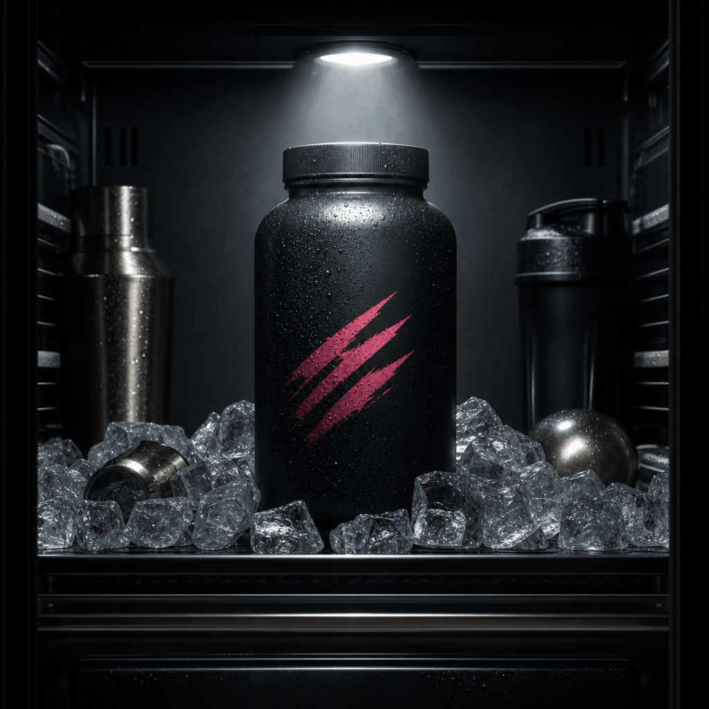 A matte supplement bottle inside a modern black refrigerator surrounded by ice cubes and subtle metallic accessories, dr