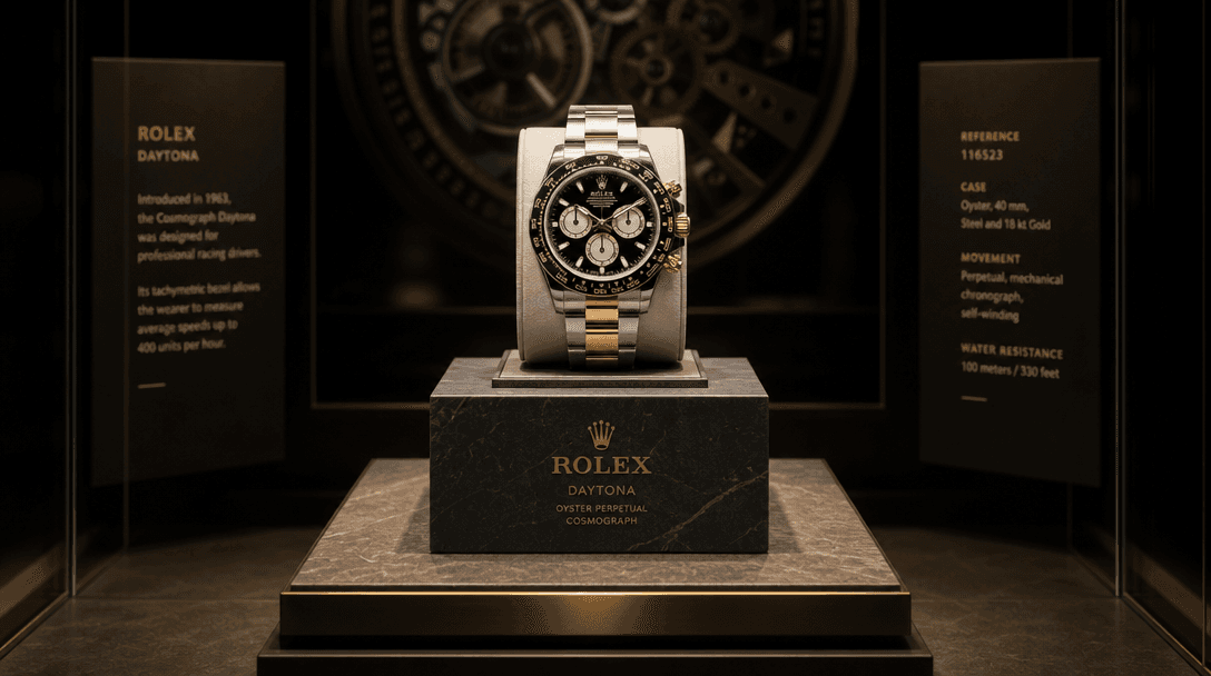 High-end watch display on museum-quality pedestal, gallery lighting, professional presentation, dark sophisticated backg