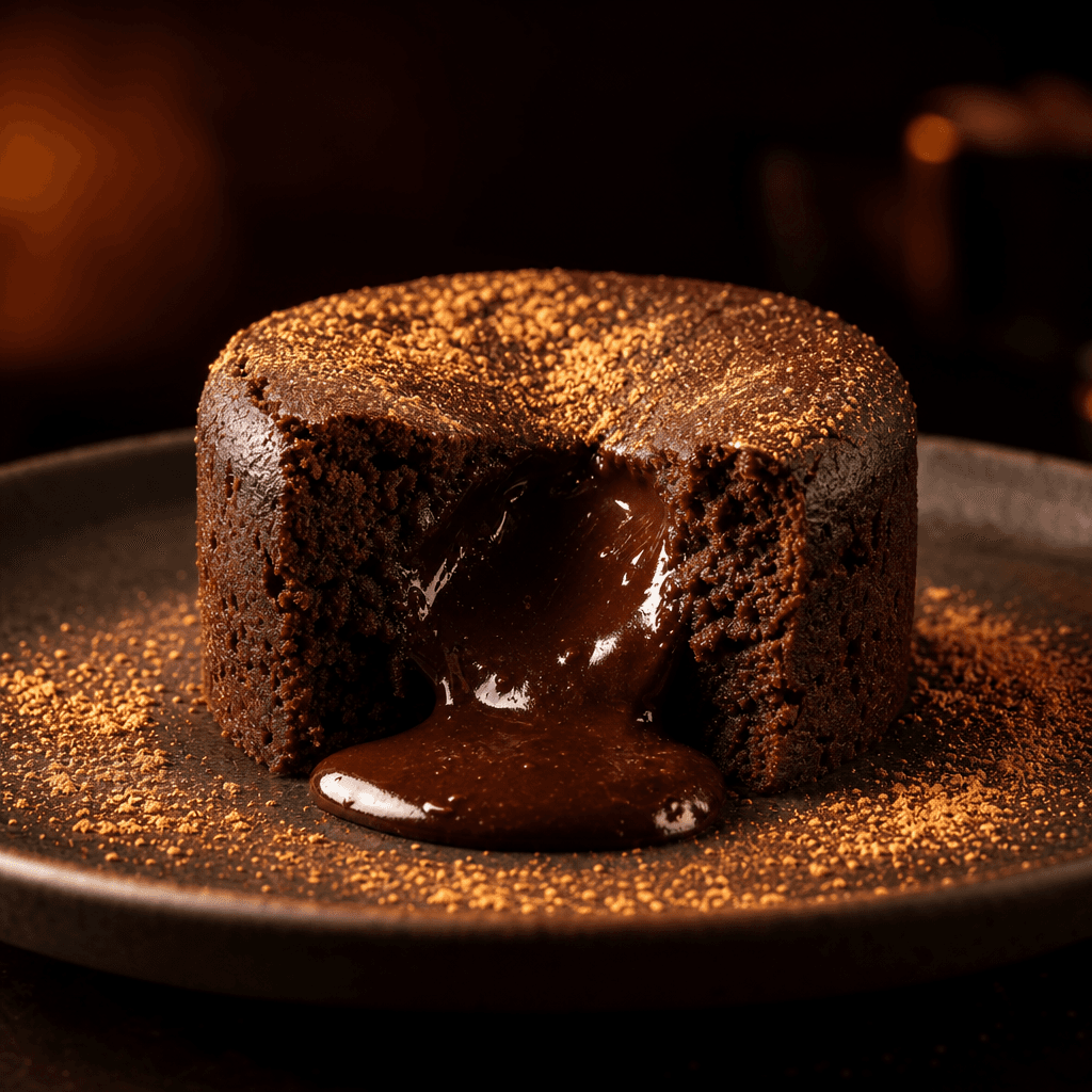 Square close-up of a cross-sectioned chocolate lava cake with warm dark ganache flowing from the center onto a matte cer