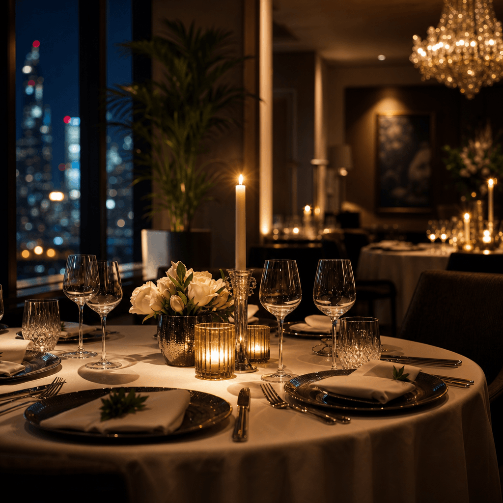 Fancy restaurant scene: elegant dinner table with fine dining setup, candlelight, upscale ambiance, sophisticated stylin