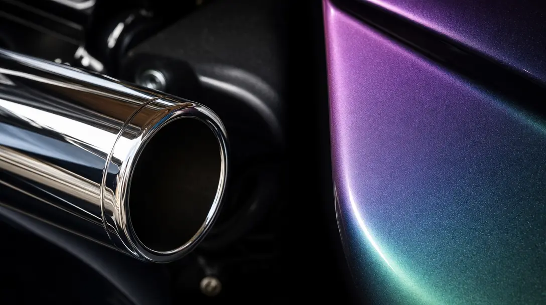 Abstract automotive material study for vehicle variety theme: side-by-side close-up textures — polished chrome motorcycl