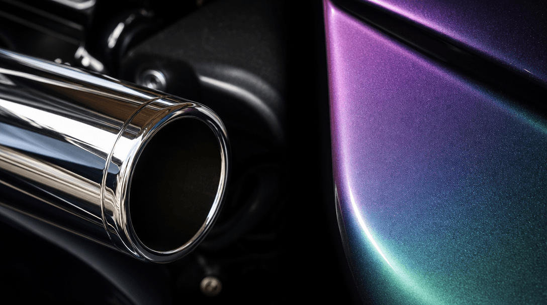 Abstract automotive material study for vehicle variety theme: side-by-side close-up textures — polished chrome motorcycl