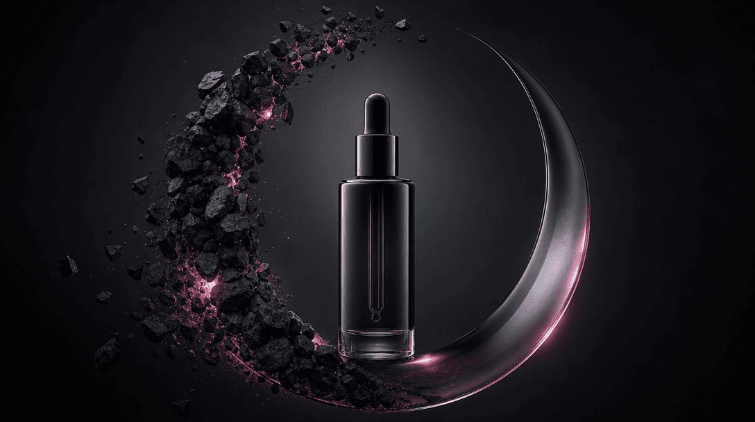 A single beauty bottle at the center of a dark studio composition, surrounded by one clear arc of rough mineral fragment