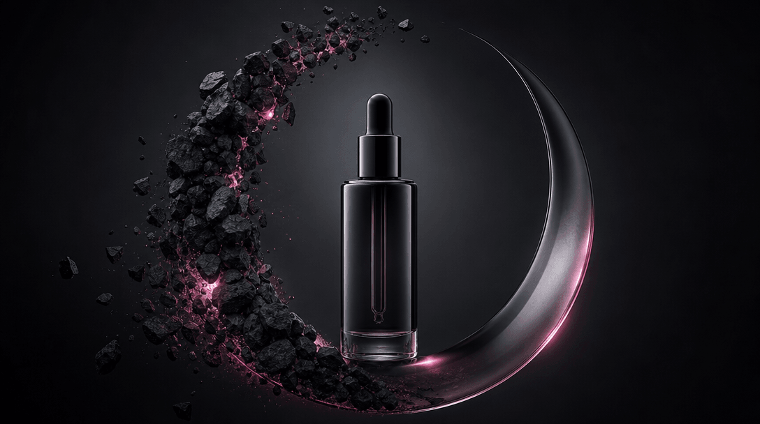 A single beauty bottle at the center of a dark studio composition, surrounded by one clear arc of rough mineral fragment