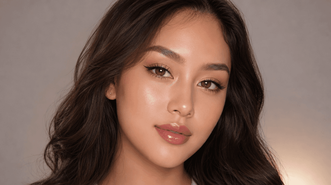 Professional beauty portrait with final glass skin effect fully rendered, perfect makeup application, social media ready