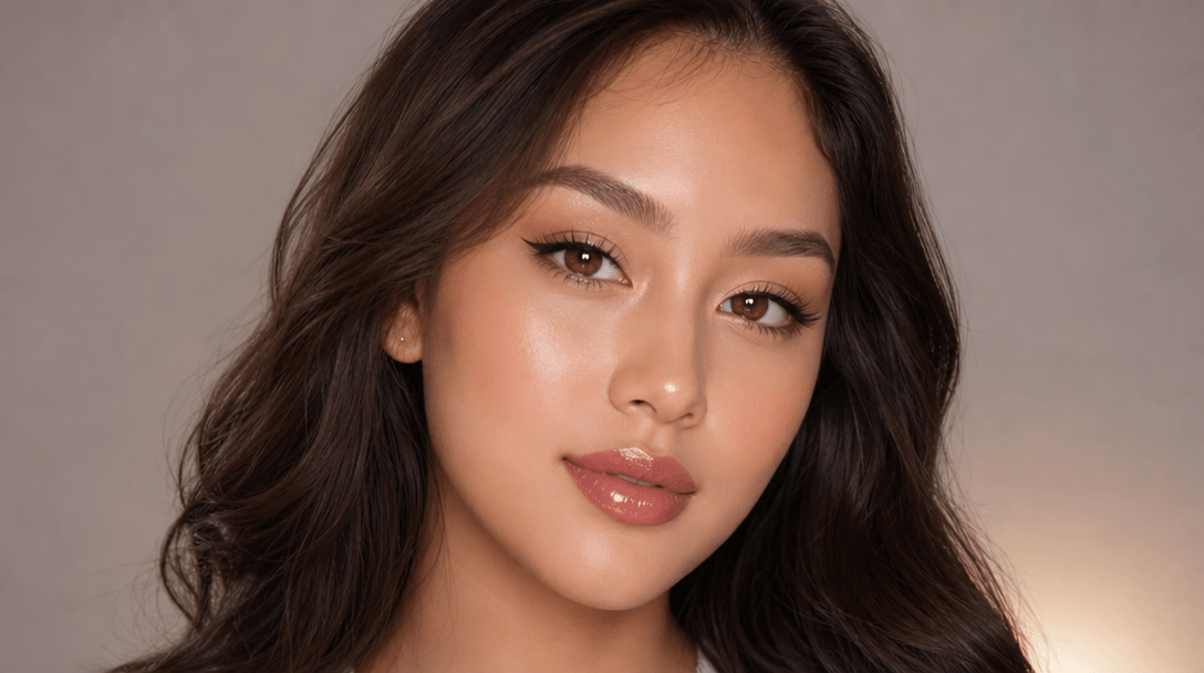 Professional beauty portrait with final glass skin effect fully rendered, perfect makeup application, social media ready