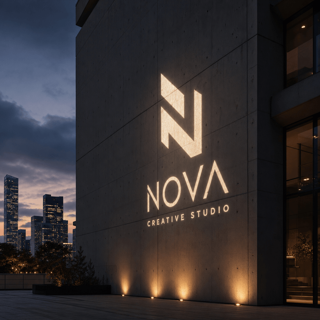 Modern logo projected onto an outdoor architectural facade—clean lines, evening dusk lighting. Urban branding, minimalis