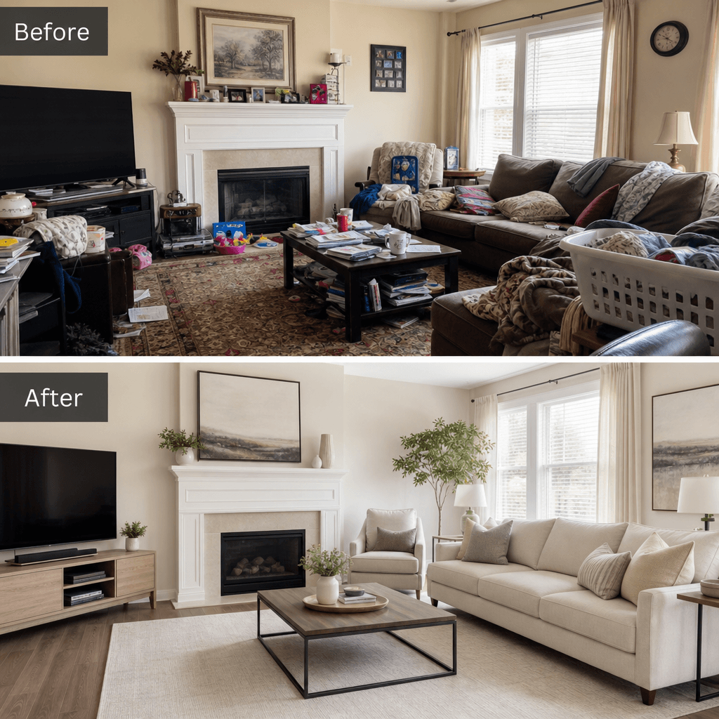 Before: cluttered living room with disorganized furniture and items. After: spacious, professionally staged living room