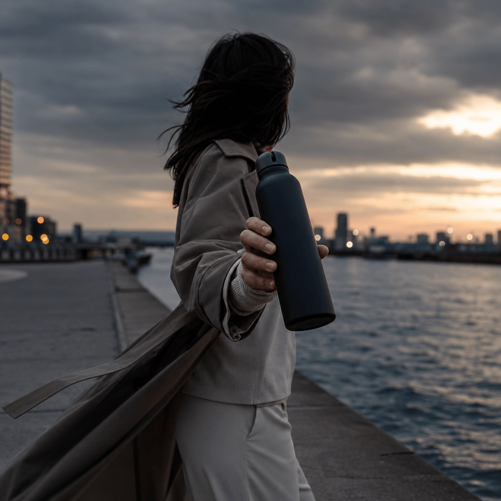 An anonymous lifestyle creator walking along a concrete waterfront promenade while presenting a sleek insulated bottle,