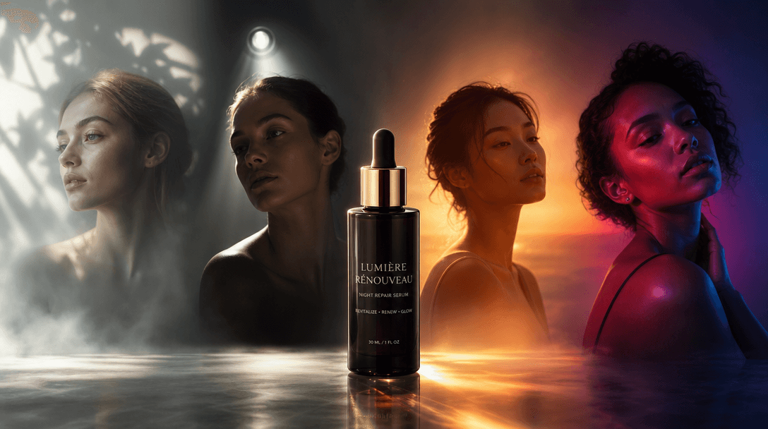 One cosmetic product surrounded by four distinct lighting interpretations flowing across the scene: soft daylight, drama