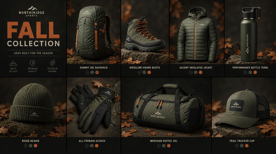 Grid of product variations. Multiple sports product shots in editorial grid format, all with matching seasonal color gra