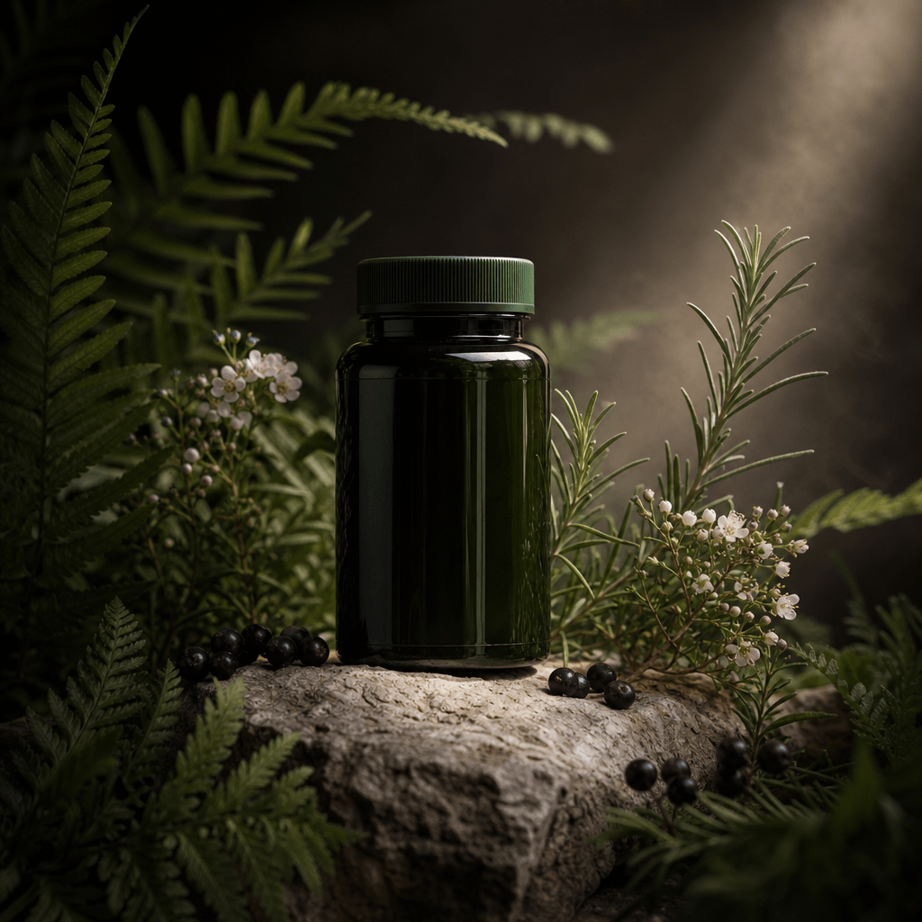 A dark green botanical supplement bottle on a rough limestone plinth, framed by ferns, rosemary, tiny white flowers, and