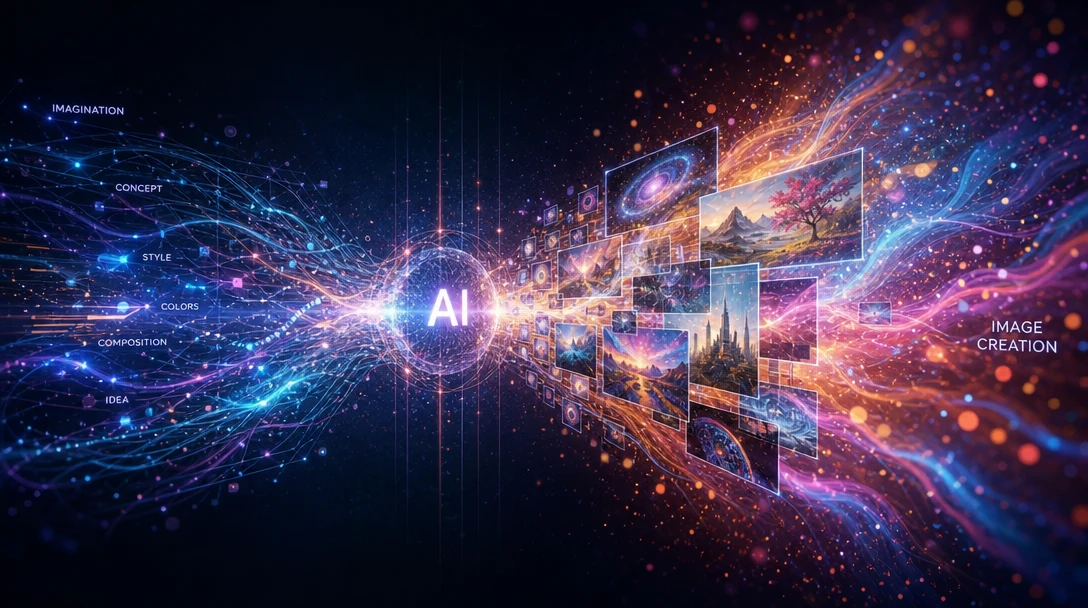 Abstract digital transformation visualization, flowing light particles and energy effects representing AI image creation