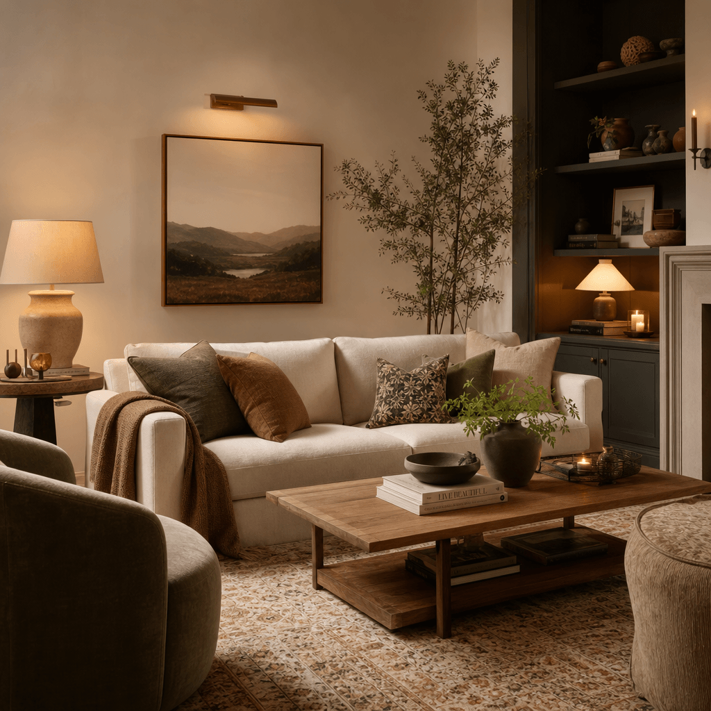 Warm-toned room with quality furniture and complementary home accessories. Soft lighting. Professional interior styling.