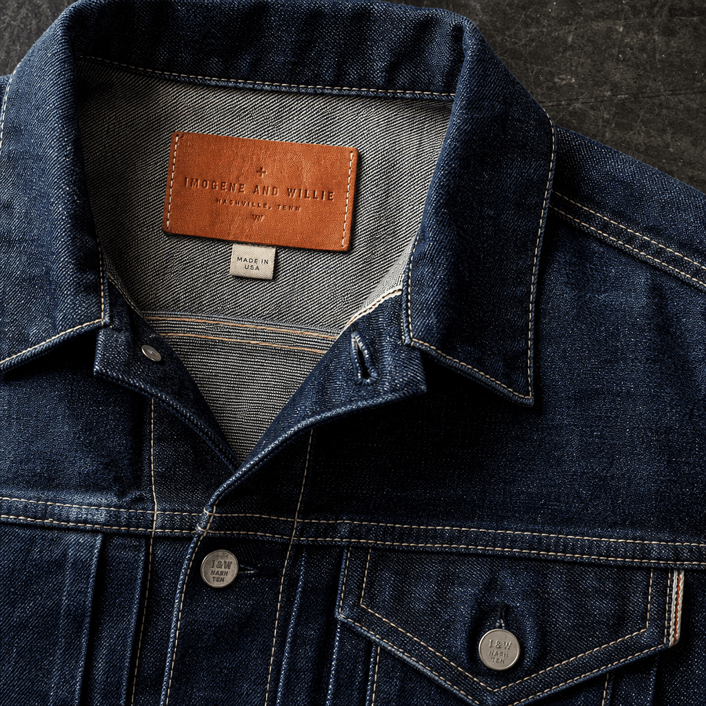 Close detail shot of a premium denim jacket — deep indigo wash, white contrast stitching, worn selvedge edges — photogra