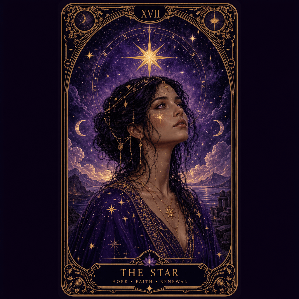 Modern mystical tarot card, portrait with celestial aesthetic and ethereal lighting, ornamental border with stars and my