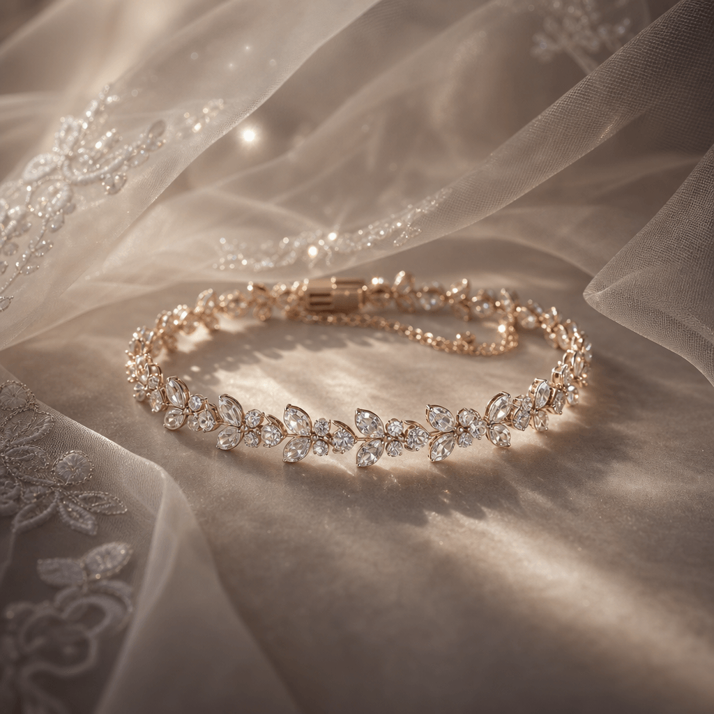 Create an image of a bracelet with a veil, capturing its delicate details and sparkling elements. The scene should be at
