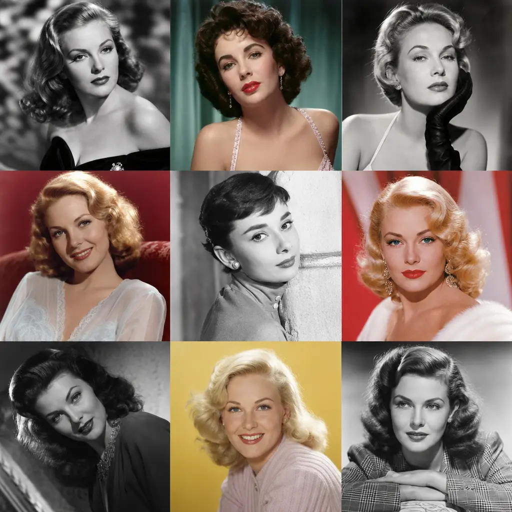 Multiple Hollywood era portrait variations shown together, different vintage styles and color treatments, classic cinema