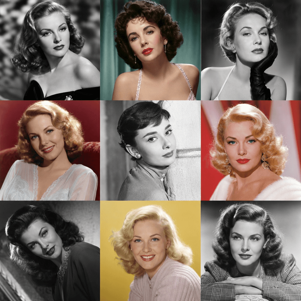 Multiple Hollywood era portrait variations shown together, different vintage styles and color treatments, classic cinema