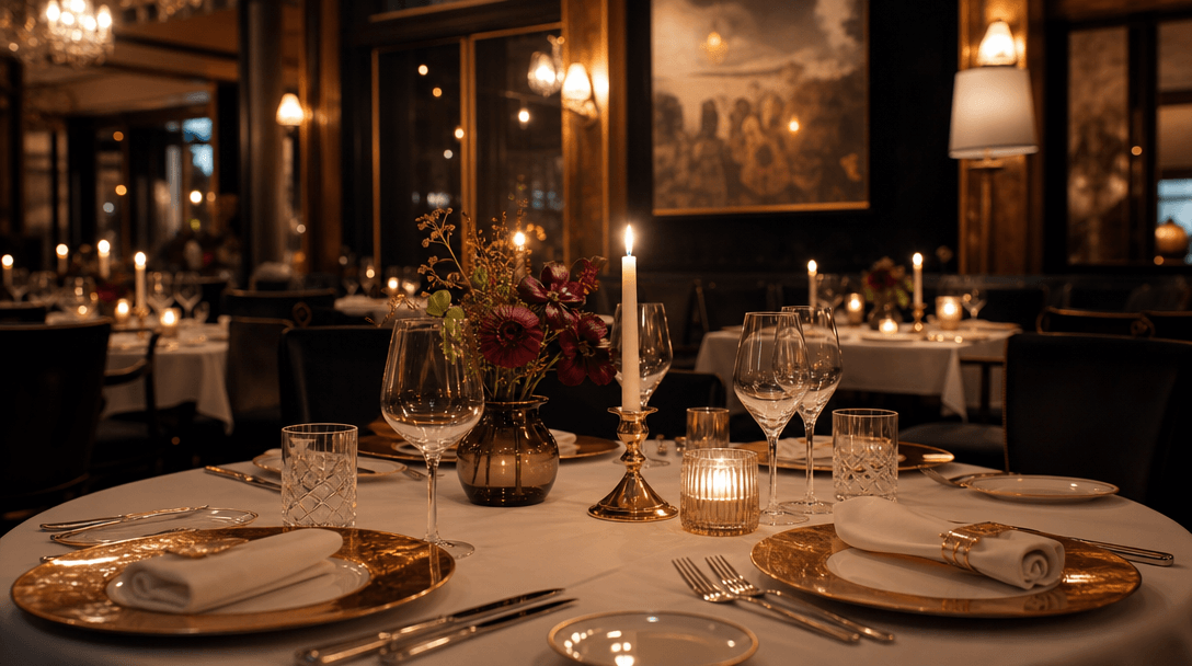 Fine dining table setting with candles, soft warm lighting, elegant place settings, luxury restaurant interior, professi