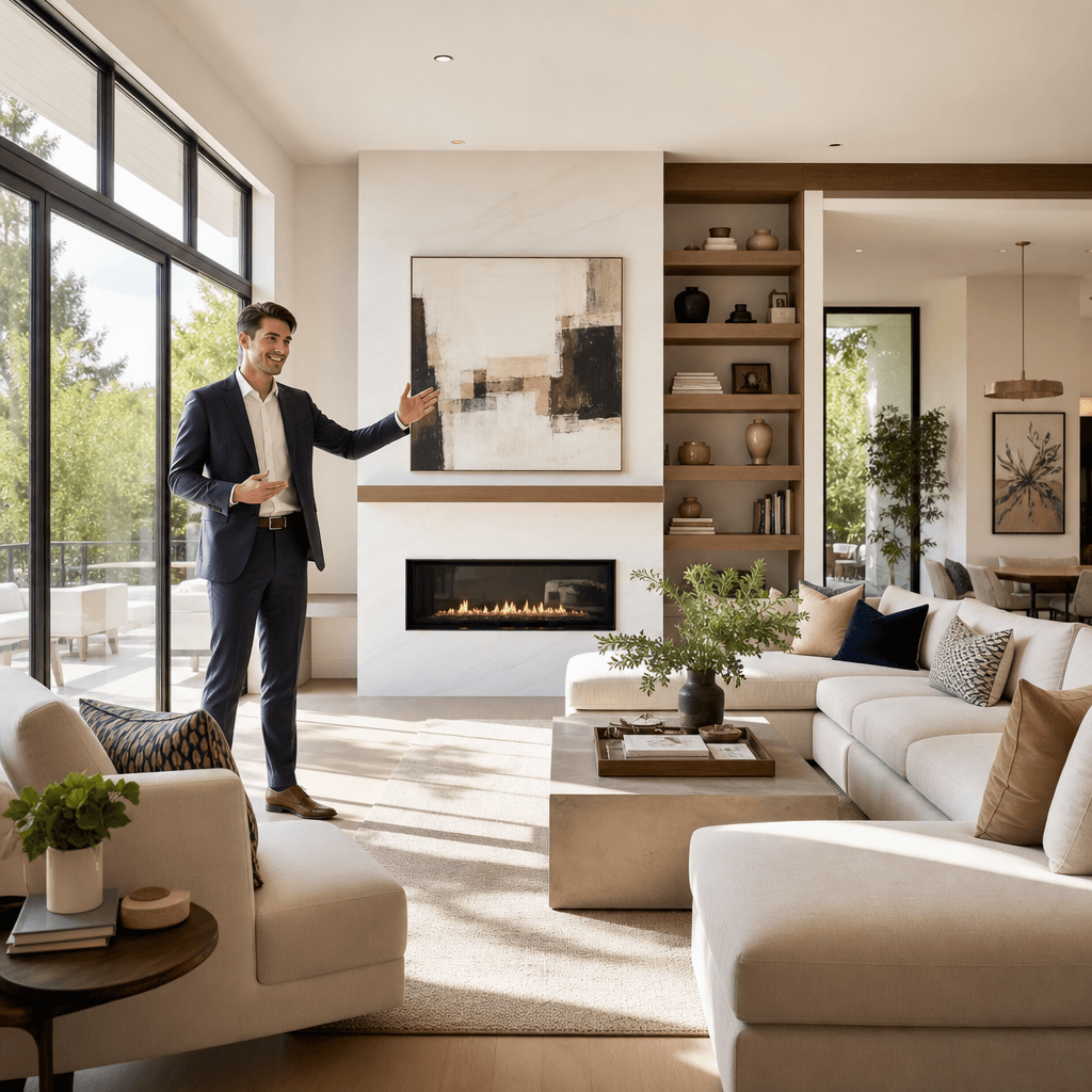 Modern living room interior with large windows, sunlit contemporary furniture, one figure in crisp business attire gestu