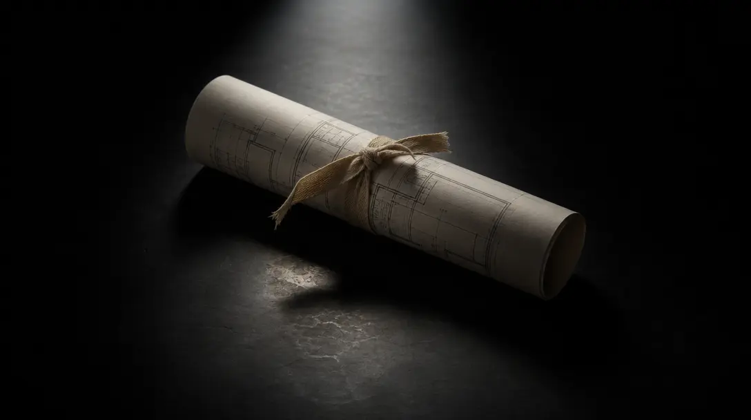 Dark editorial still life: a rolled architectural blueprint tied with raw linen ribbon rests on a matte obsidian surface