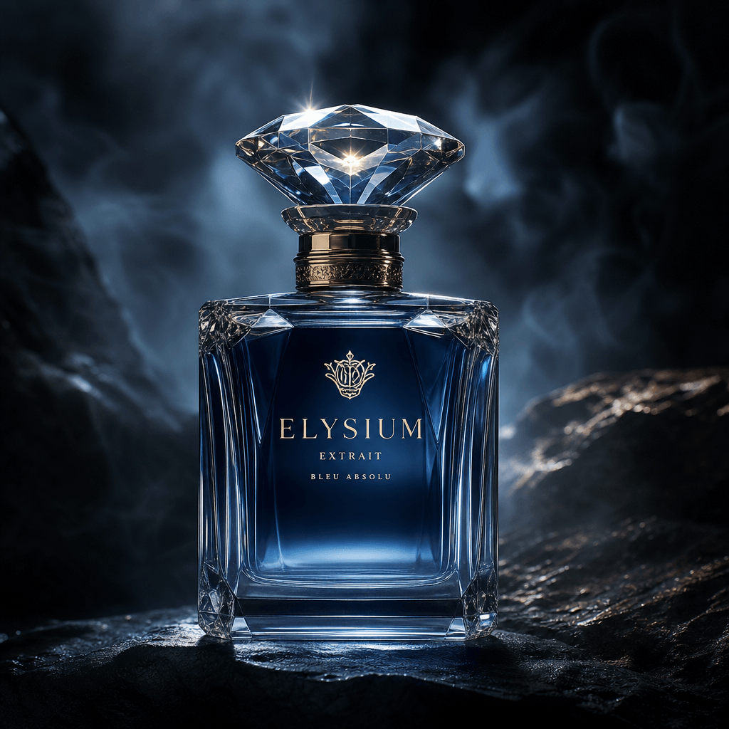 Premium perfume or fragrance bottle hero shot, crystalline and luminous, atmospheric lighting effects, dark moody luxury