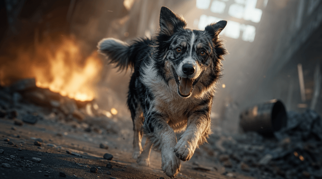Cinematic motion: pet in dynamic action with dramatic lighting creating depth, warm and cool light interplay, shallow fo