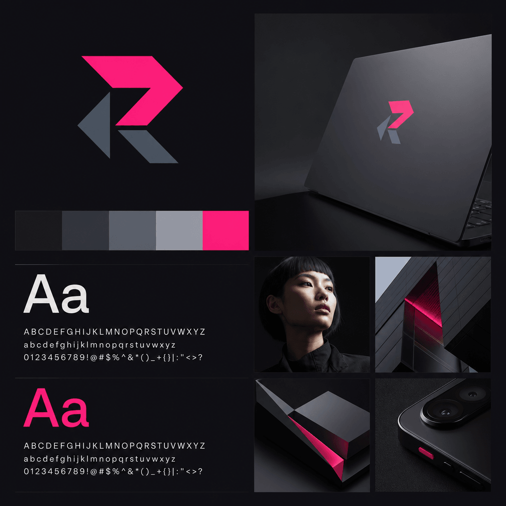 Brand identity reference sheet for a modern tech startup. Background deep dark near #141319. Geometric abstract logo mar