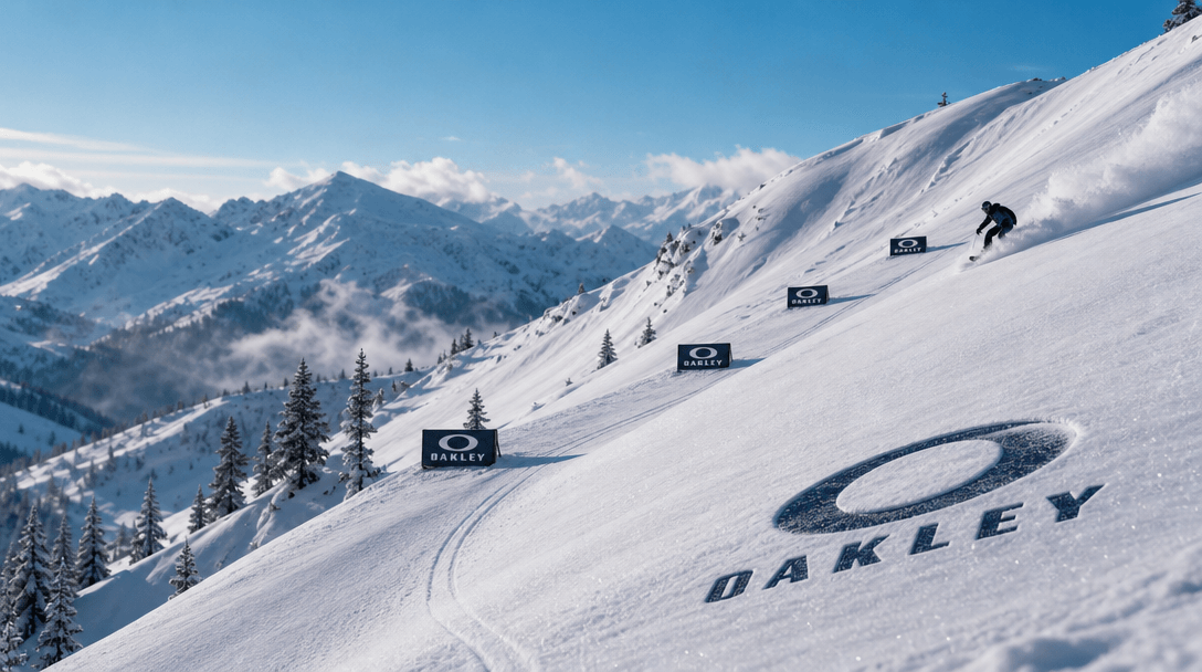 Mountain slope with logo elements positioned strategically across white snowy terrain creating visual rhythm, snowy alpi