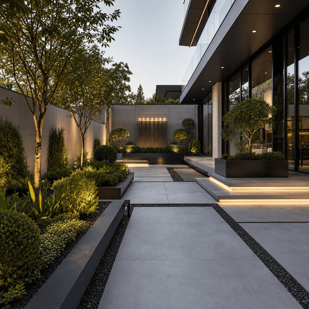 Modern architecture with urban minimalist landscape. Clean geometric garden design, modern planters, seamless architectu