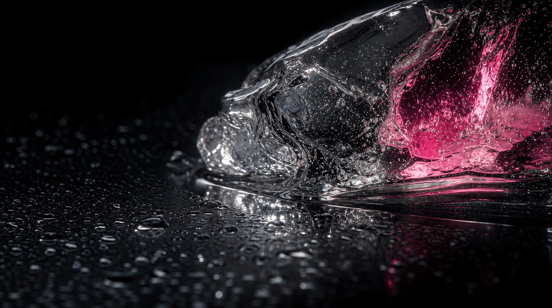 Extreme macro study of melting ice pressed against glossy glass, tiny condensation droplets, bright specular highlights,