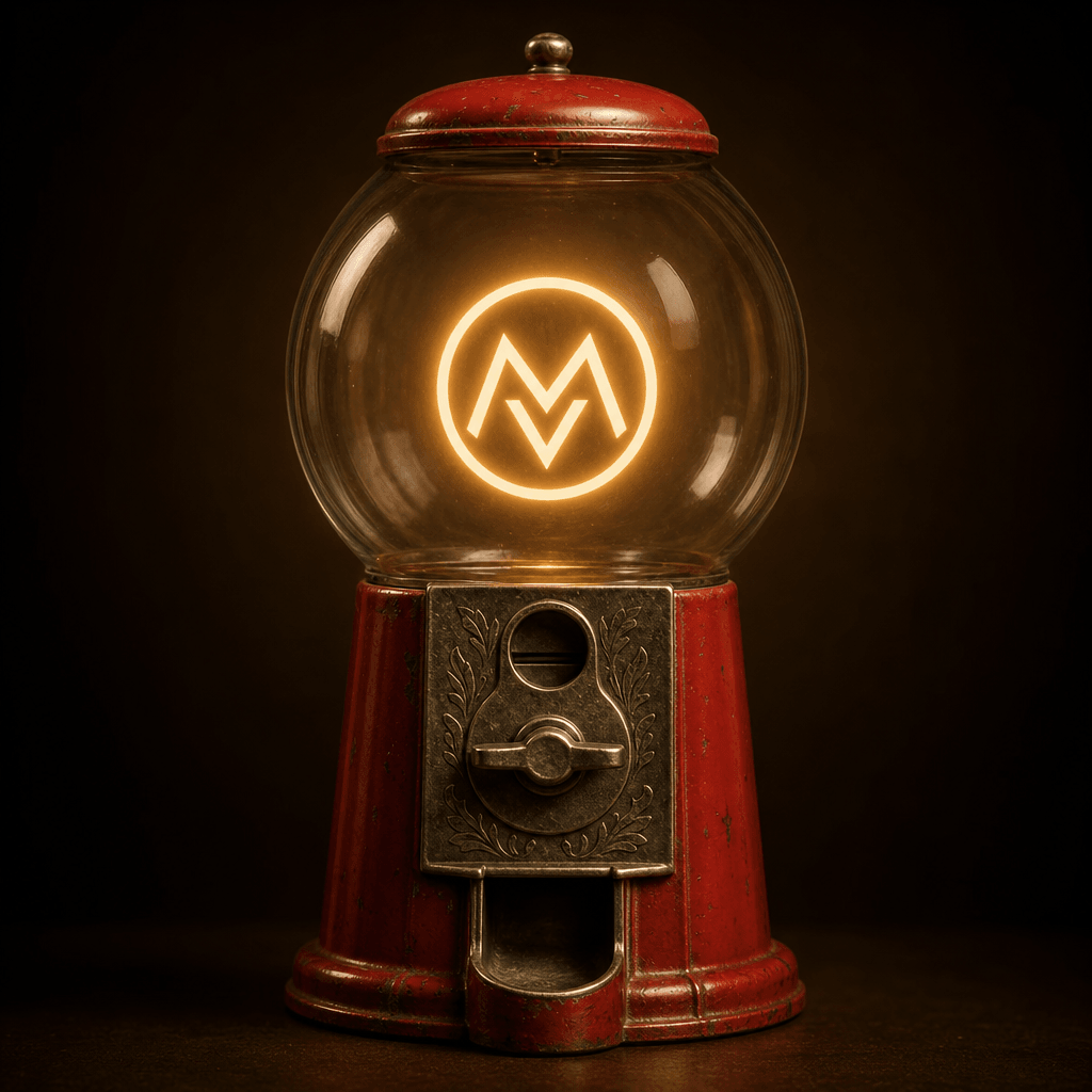 A minimalist logo glowing inside the center of a vintage gumball machine. Warm studio lighting, deep dark background, pr