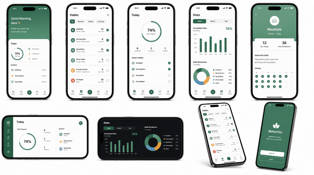Multiple iPhone mockups arranged in a grid showing the same app in different orientations and contexts. Clean white back