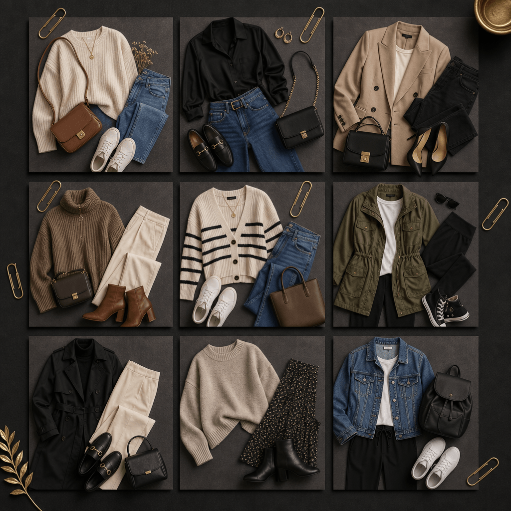 Flat-lay of 9 outfit photos arranged in a 3x3 grid with decorative gold paperclips, dark elegant background, soft direct