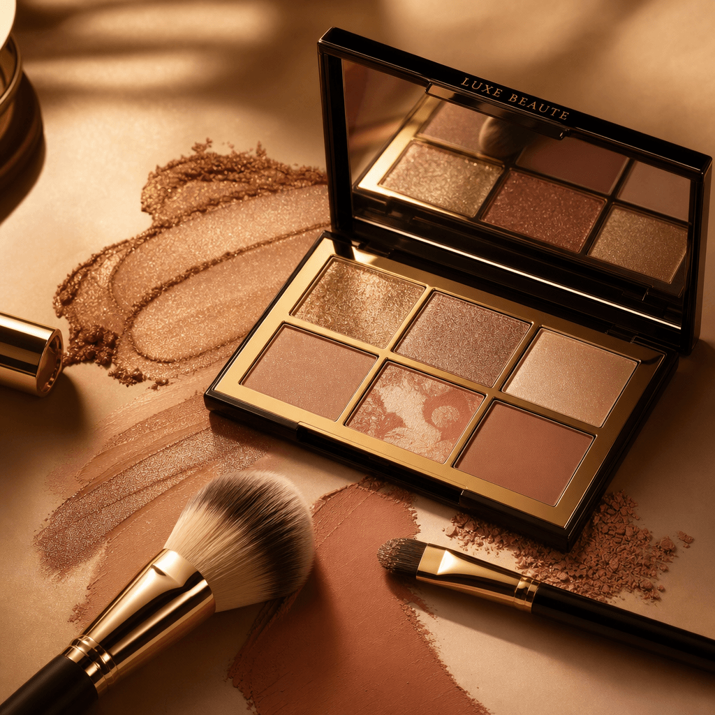 Luxury cosmetics palette with brush strokes, warm golden studio lighting, beauty still life composition with artistic ar