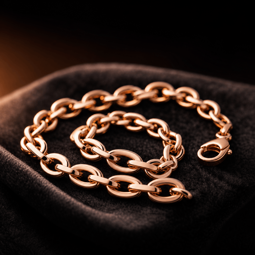 Close-up studio shot of a rose gold chain bracelet coiled loosely on dark charcoal velvet. Warm directional side lightin