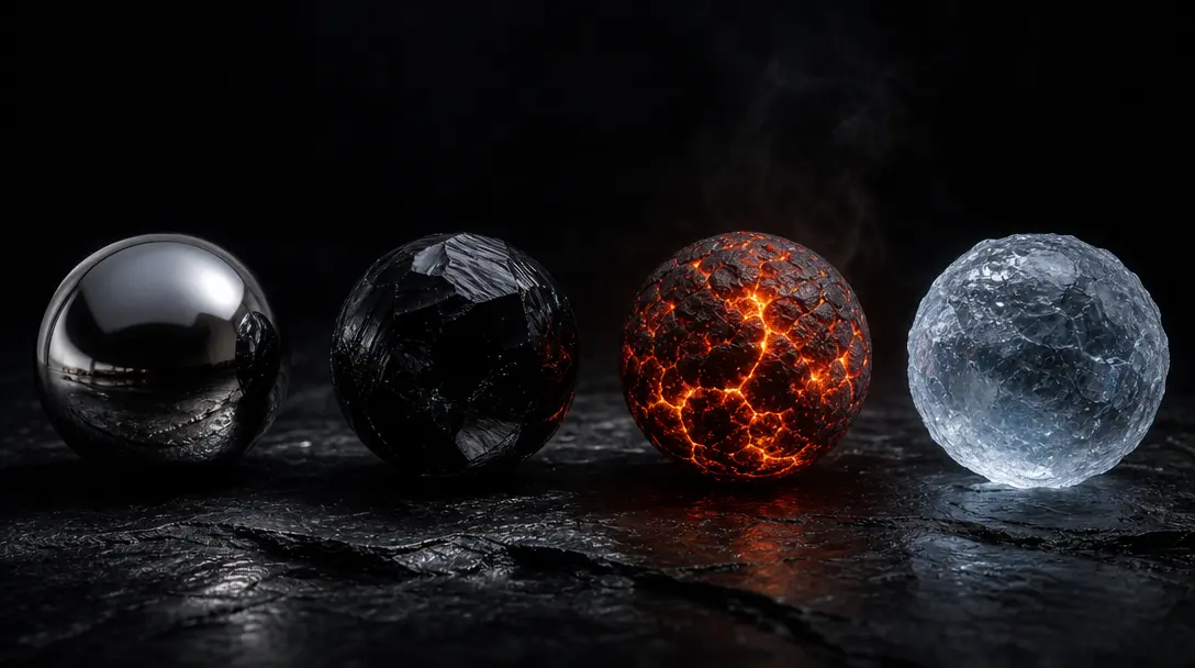 Abstract multi-model visual comparison: four distinct material spheres — liquid mercury, matte obsidian, glowing ember,