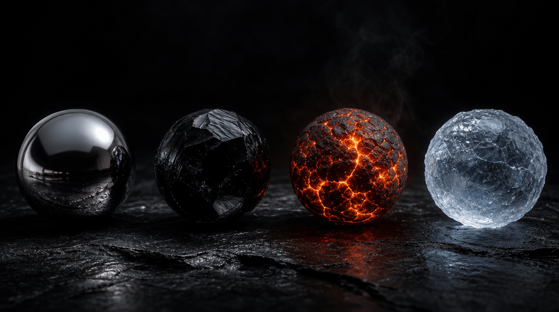 Abstract multi-model visual comparison: four distinct material spheres — liquid mercury, matte obsidian, glowing ember,