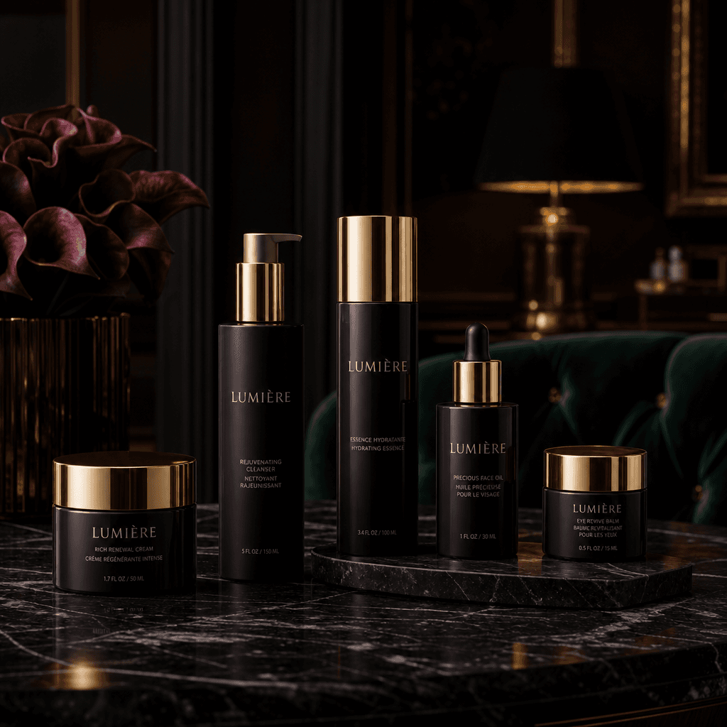 Beauty product line arranged in upscale room setting with moody cinematic lighting, rich textures of luxury furnishings,