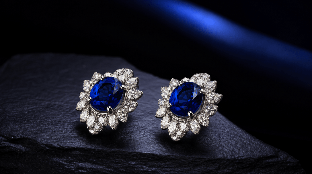 Professional studio photography lighting setup, dark refined backdrop, high-end jewelry catches dramatic light, luxury p