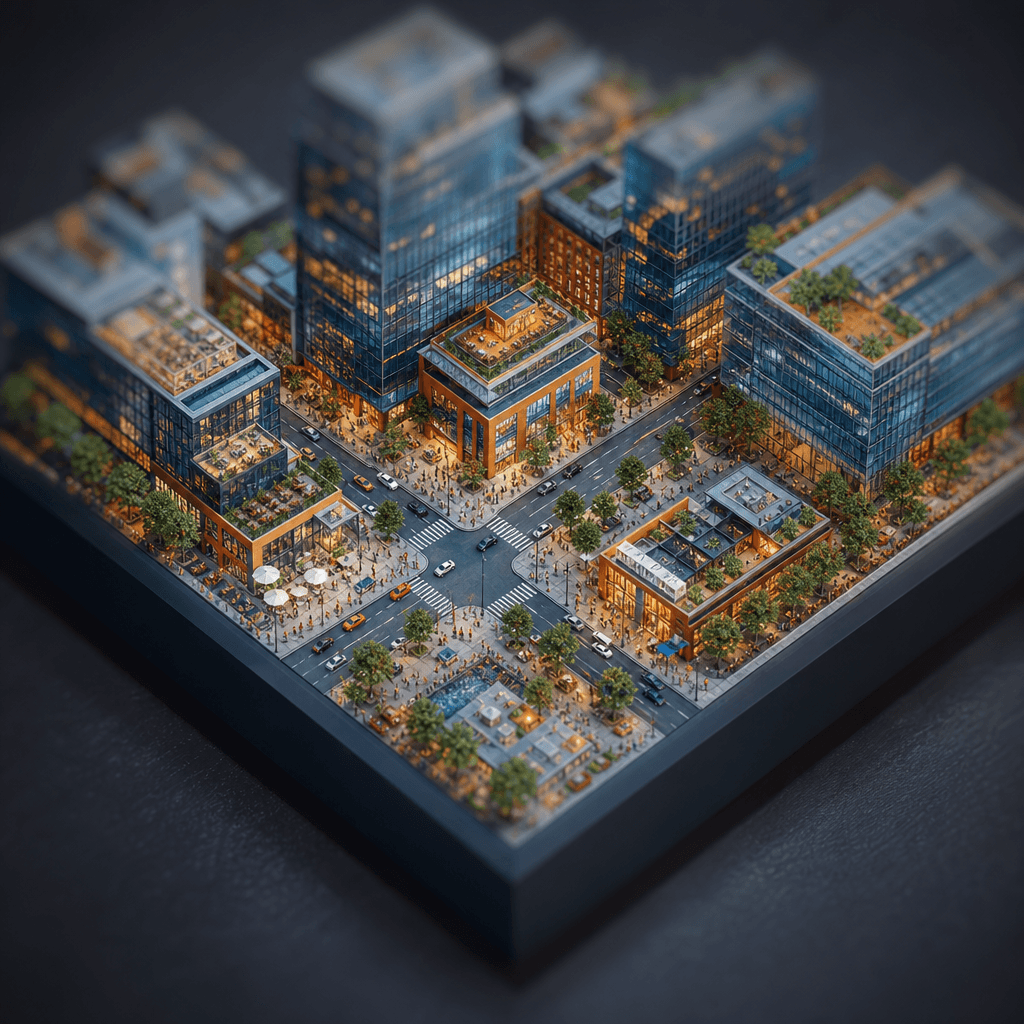 Aerial overhead view of a dense city block — glass office towers, retail plinths, tree-lined streets — rendered as an ex