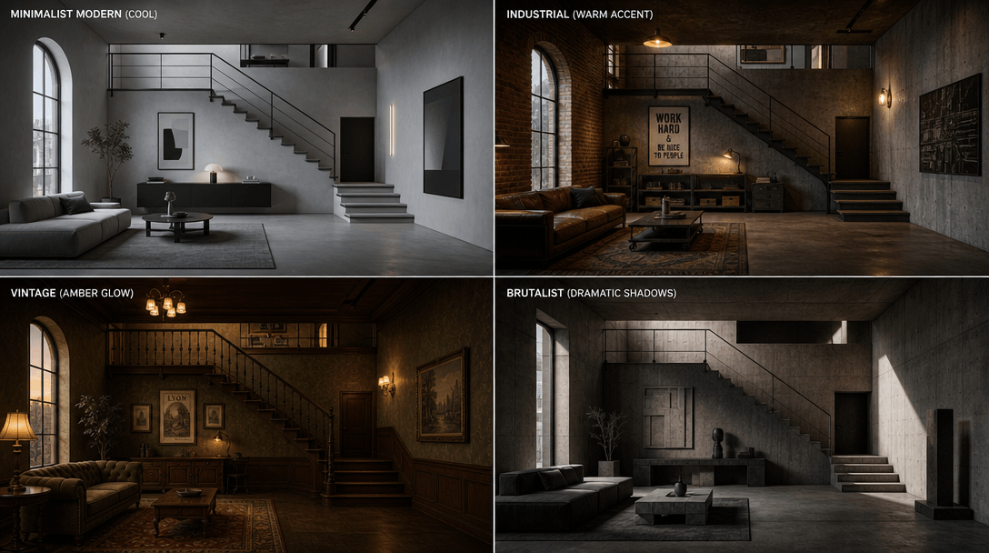 Grid layout of four diorama variations showing identical interior space in different styles: minimalist modern with cool