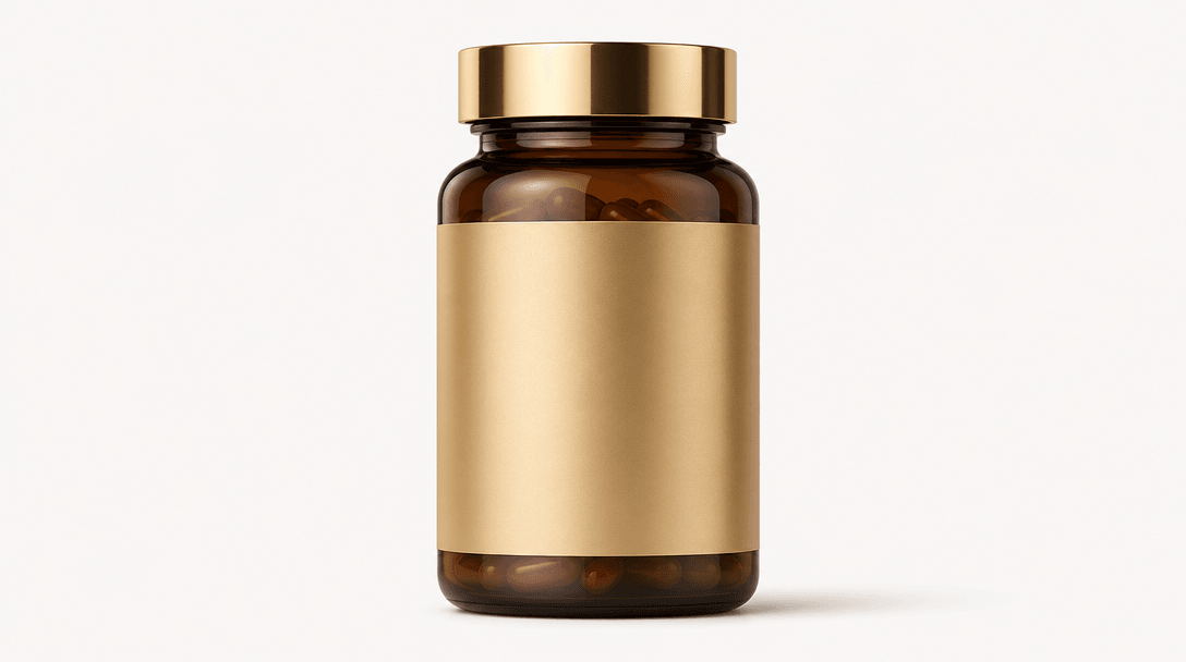 A single premium supplement bottle in razor-sharp focus centered against a perfectly neutral off-white seamless backgrou